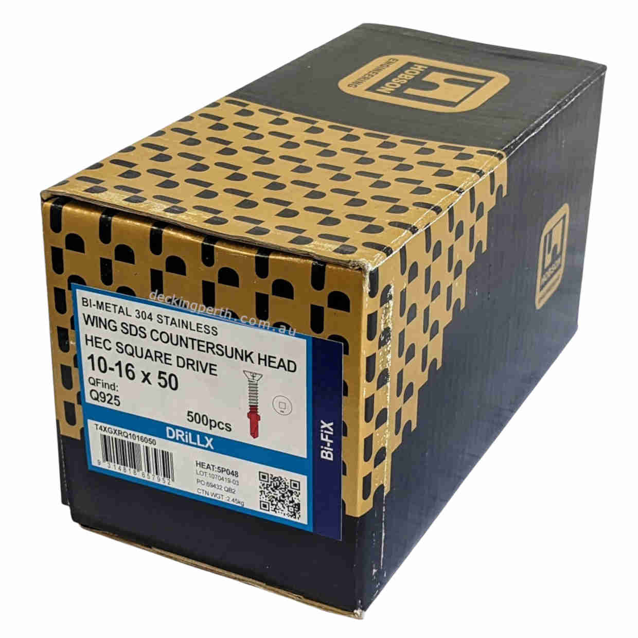 HOBSON - Steel Frame Decking Screws, Self Drilling 10g x 50mm Winged Point, Countersunk Head, 304SS SQ2 Drive