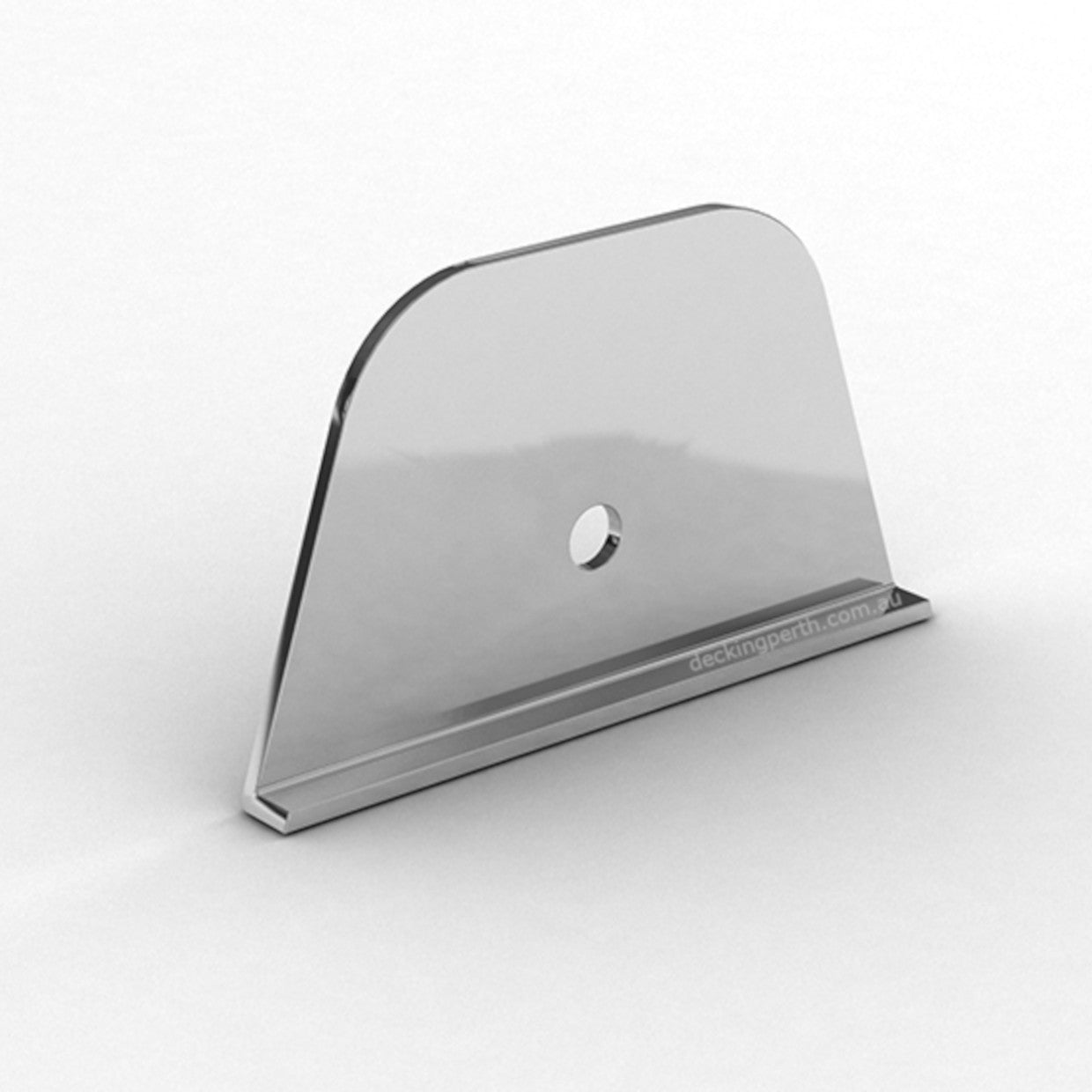 Metallic stand with a brand logo on a white background
